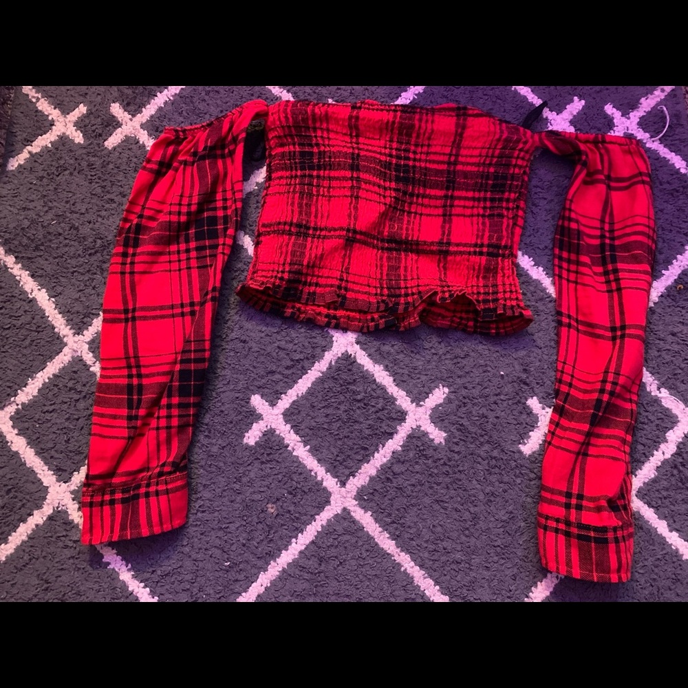 Plaid off the shoulder cropped long sleeve shirt